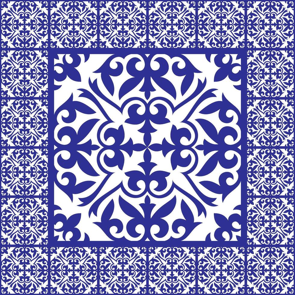 Geometric Moroccan Seamless Pattern Arabesque blue, white. Background with portuguese azulejo, mexican talavera, spanish, italian majolica, delft, dutch motifs. Mediterranean ceramic, patchwork vector