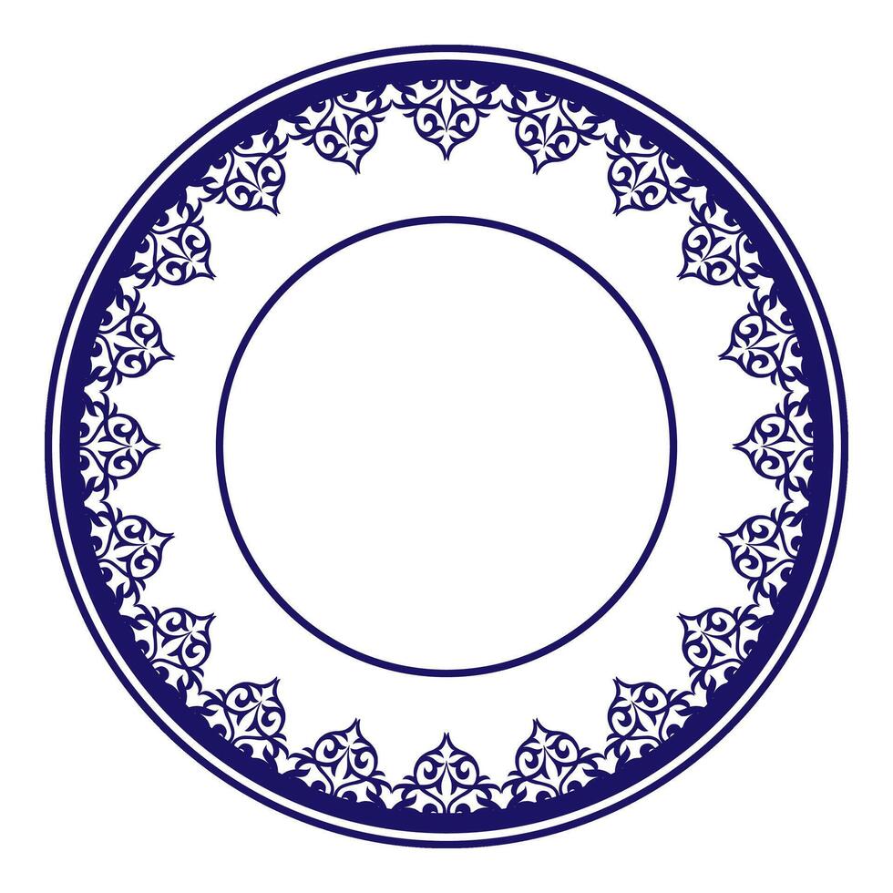 Beautiful round frame arabesque. Blue white plate with lace design. Vintage, ethnic frame with arabesques. EPS. Pattern frame for round surfaces, household utensils, textiles, embroidery vector