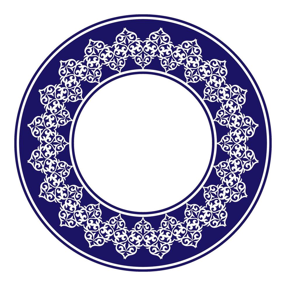 Blue and white round Kazakh national ornament. Ethnic pattern of the peoples of the Great Steppe, Kazakh, Mongols, Kyrgyz, Kalmyks, Buryats. Circle, frame border. For ceramics, embroidery vector