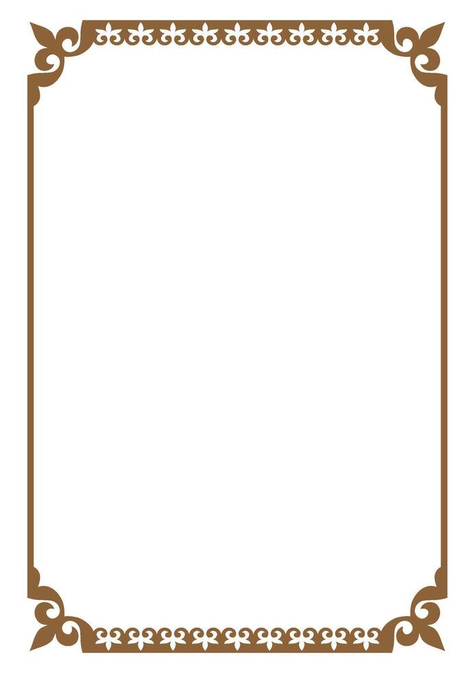 Monochrome gold rectangular Vertical Islamic Asian national ornament frame. A4 format. Islamic Asian pattern frame, border, decorative ornament of Kazakh, Kyrgyz, Mongol, Uzbek, Tajik. Diploma award vector