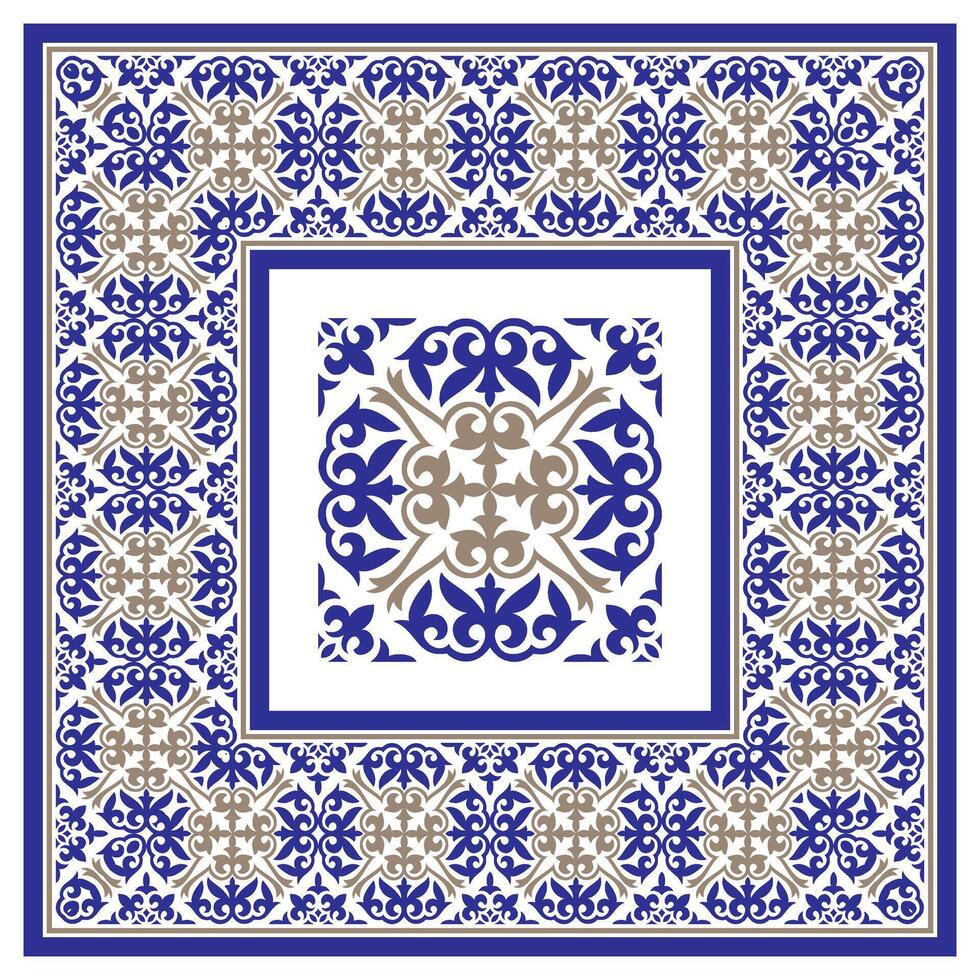 Geometric Moroccan Seamless Pattern Arabesque blue, gold, white. Moroccan azulejo pattern, Damask, majolica tile,Talavera. Portuguese azulejo tile pattern ornament, Mediterranean ceramic, arabesque vector