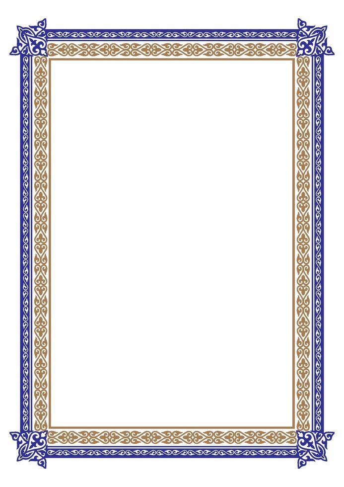 Golden blue rectangular Vertical Islamic Asian national ornament frame. A4 format. Islamic Asian pattern frame, ornament, border of Kazakh, Kyrgyz, Mongol,Uzbek,Tajik. Diplom, certificate, embroidery vector