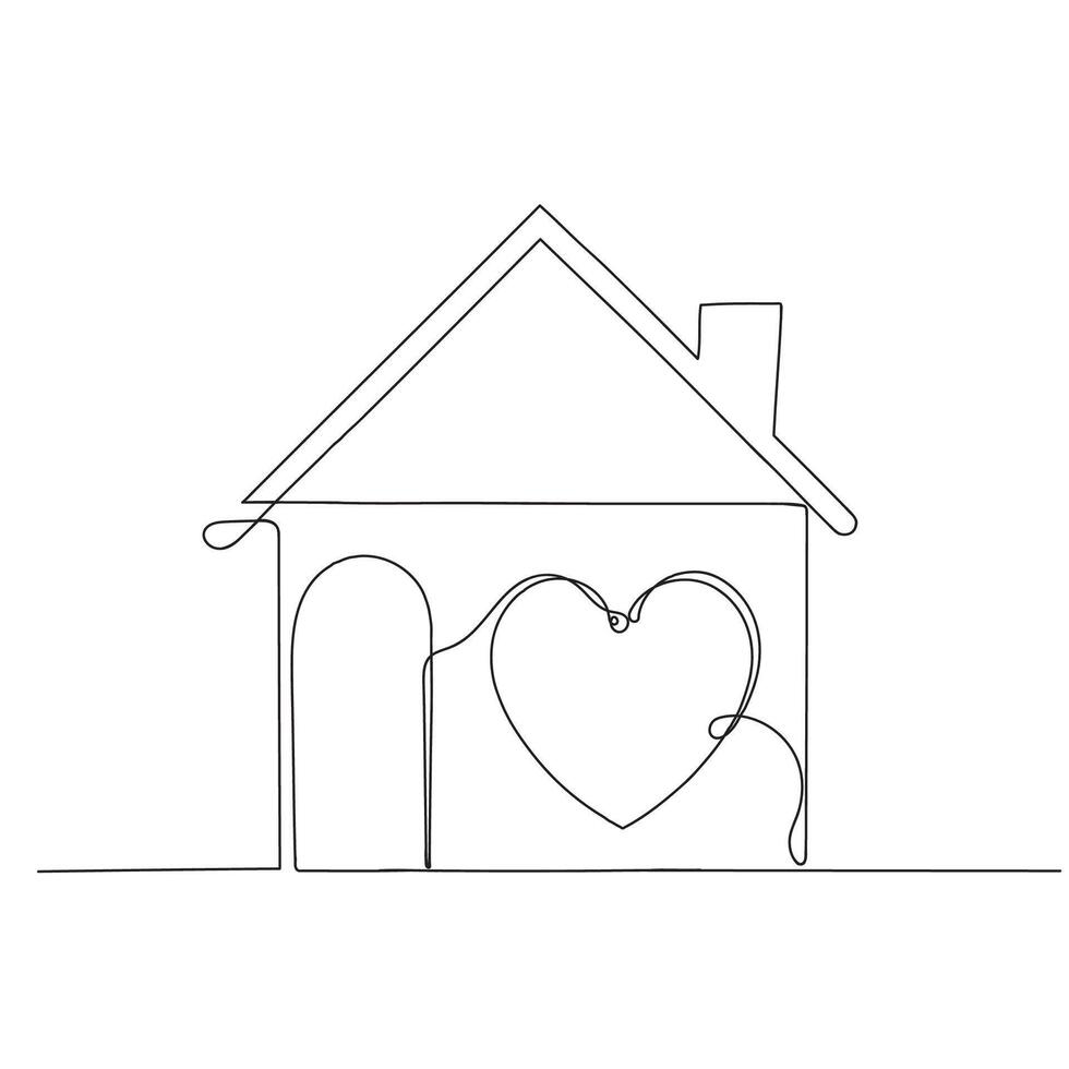 continuous line drawing of a house with a heart shape vector
