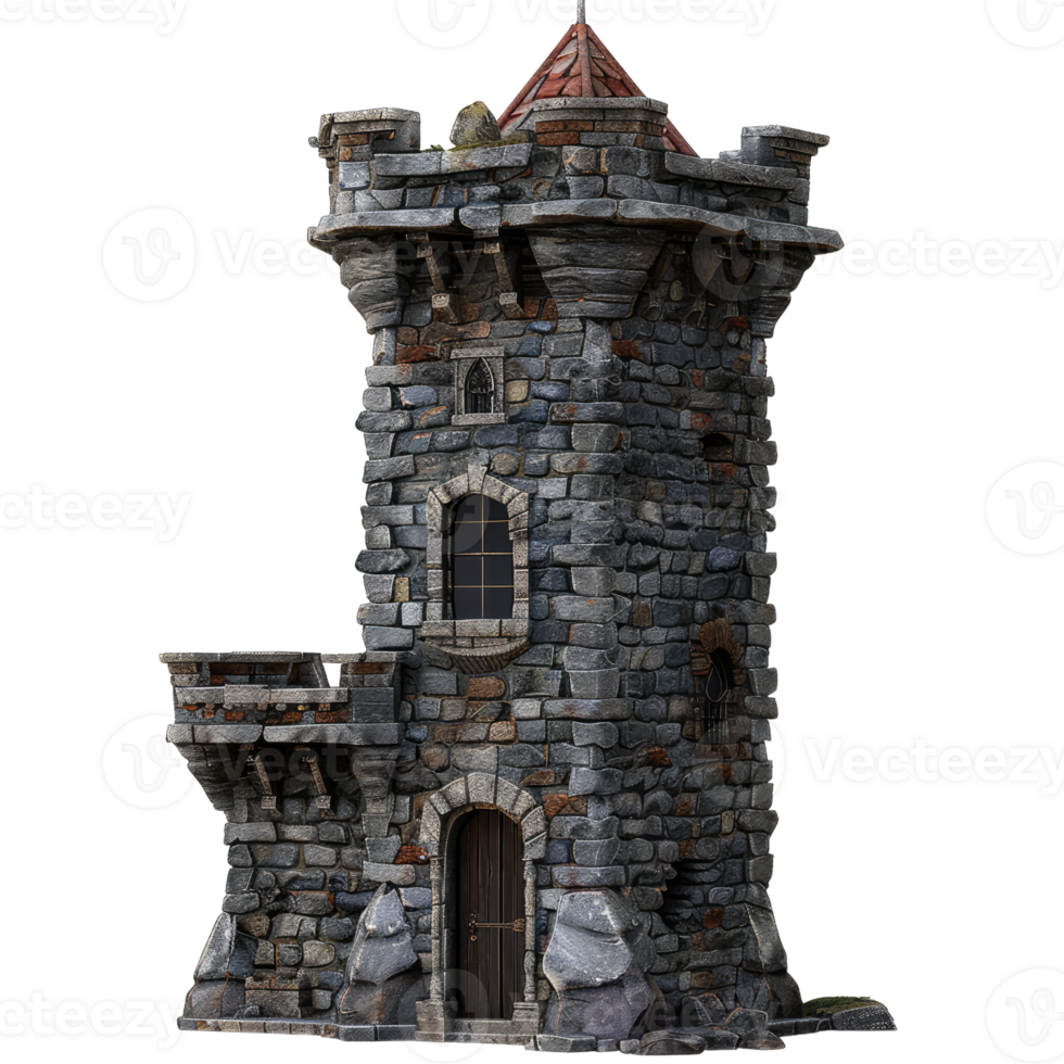 A stone tower with a red roof and a door png