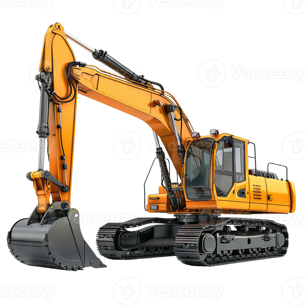 Realistic illustration of an orange excavator showcasing its powerful arm and bucket, ideal for construction and heavy machinery graphics. png