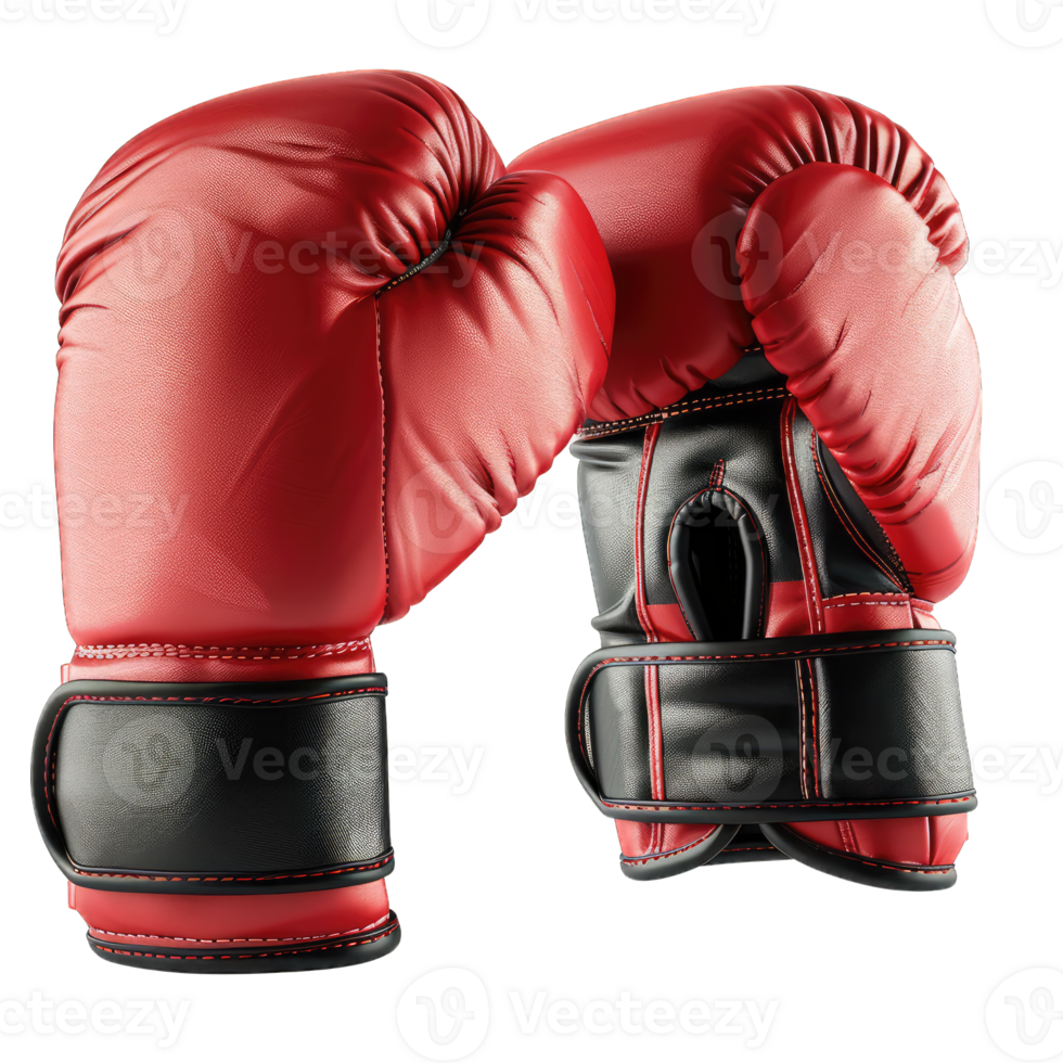 Red boxing gloves designed for training and competition, showcasing durable material and ergonomic design for optimal performance. png