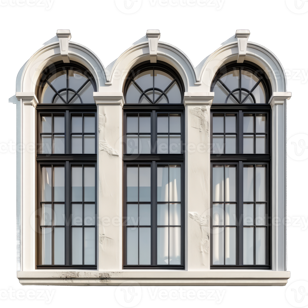 Elegant triple arched window with black frames and decorative details, perfect for enhancing architectural designs. png