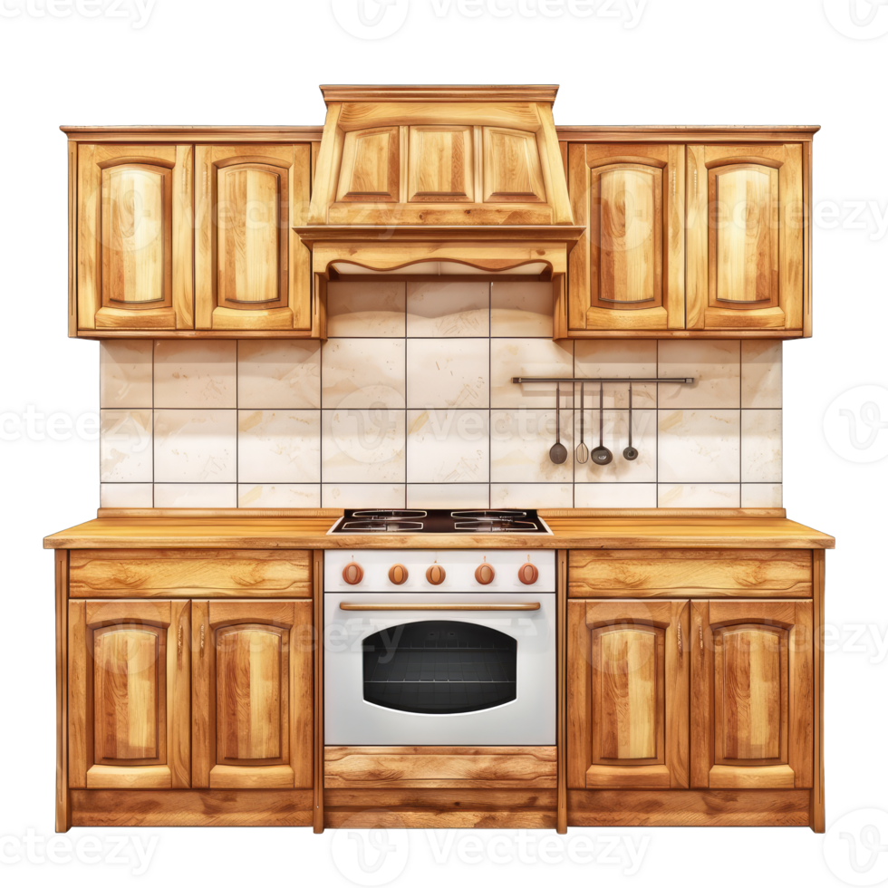Stylish wooden kitchen design featuring modern appliances, perfect for showcasing interiors and culinary spaces. png