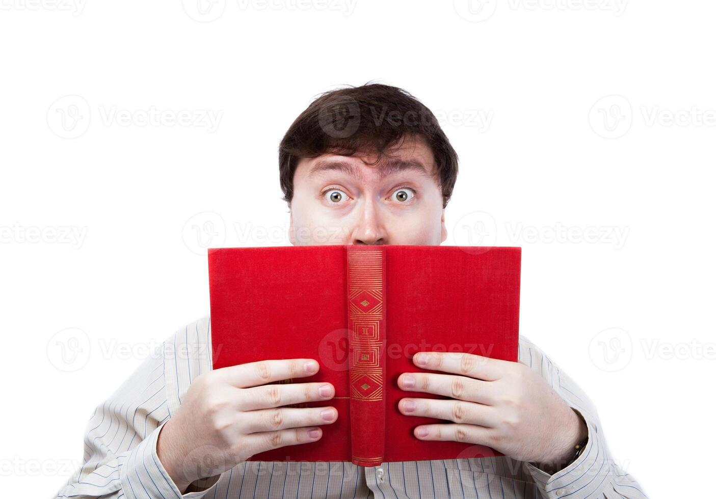 man in stress holding an open red book photo