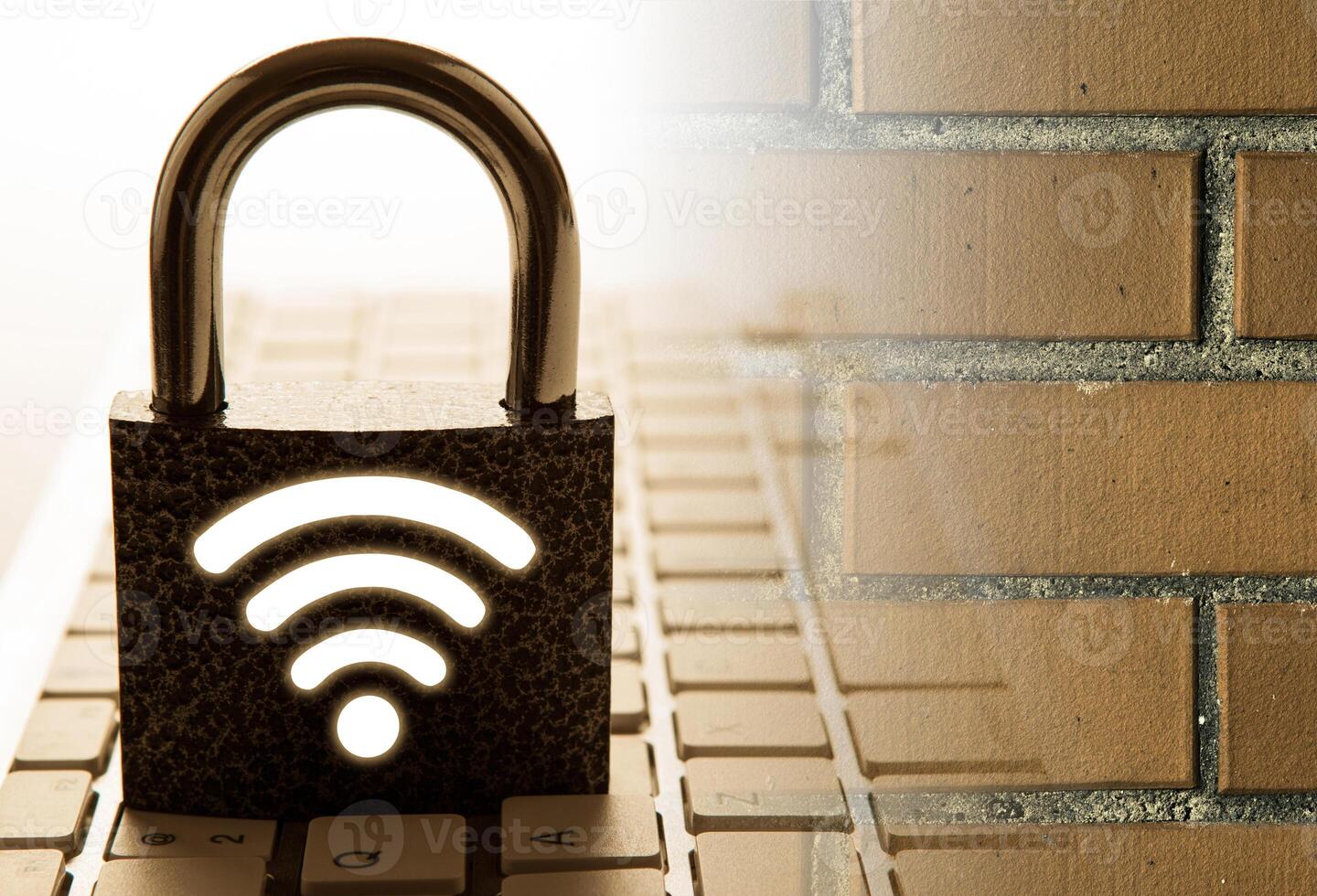 padlock with passwrod wi-fi with the computer keyboard with brick wall Internet security photo