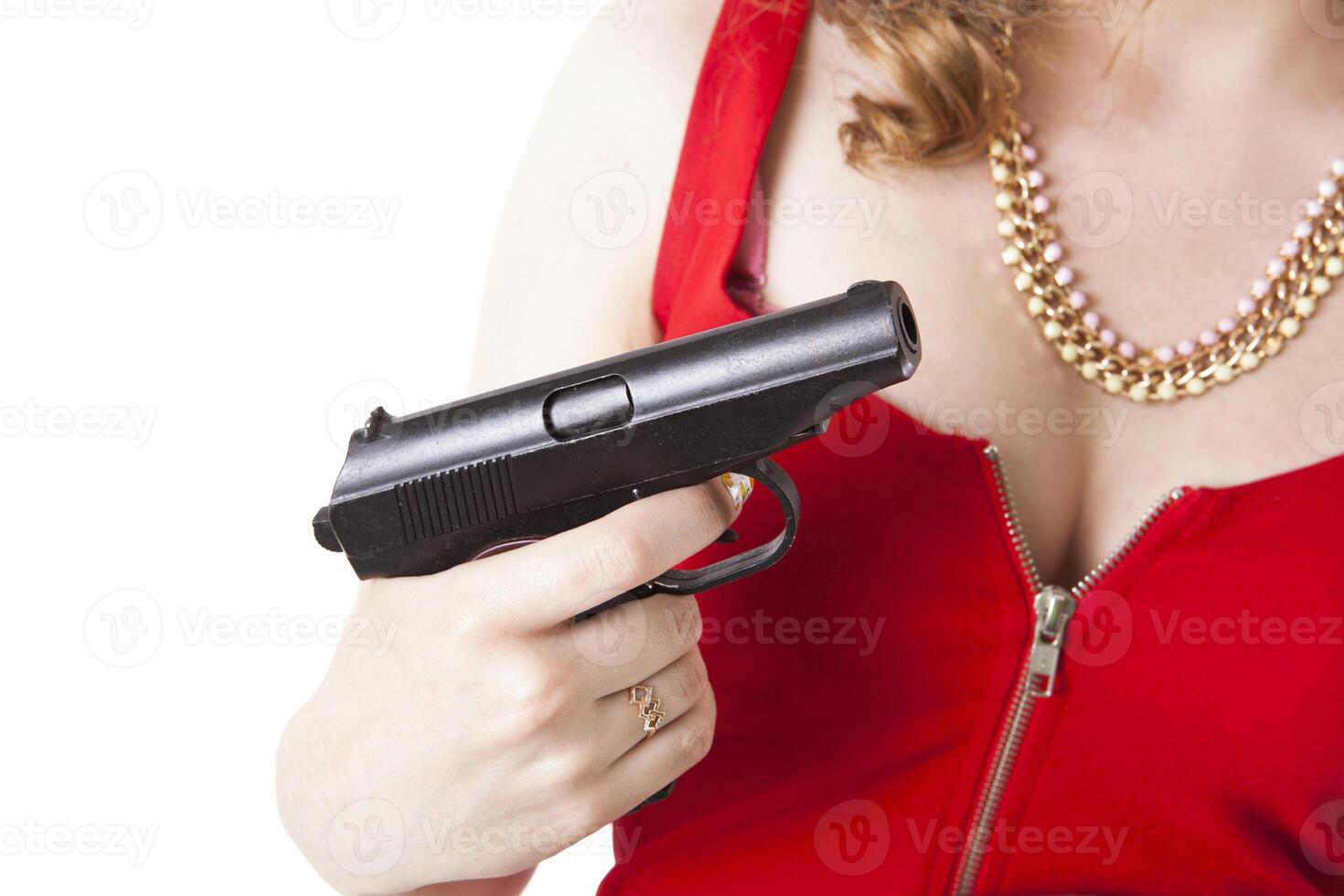 lady in red holding a pistol photo
