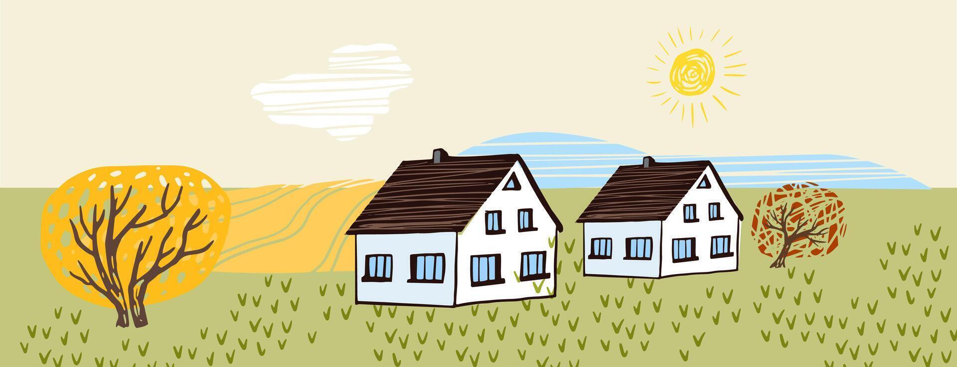 Charming autumn countryside illustration featuring two white houses, trees with golden foliage, and a bright sun. Ideal for greeting cards, posters, or seasonal designs. vector