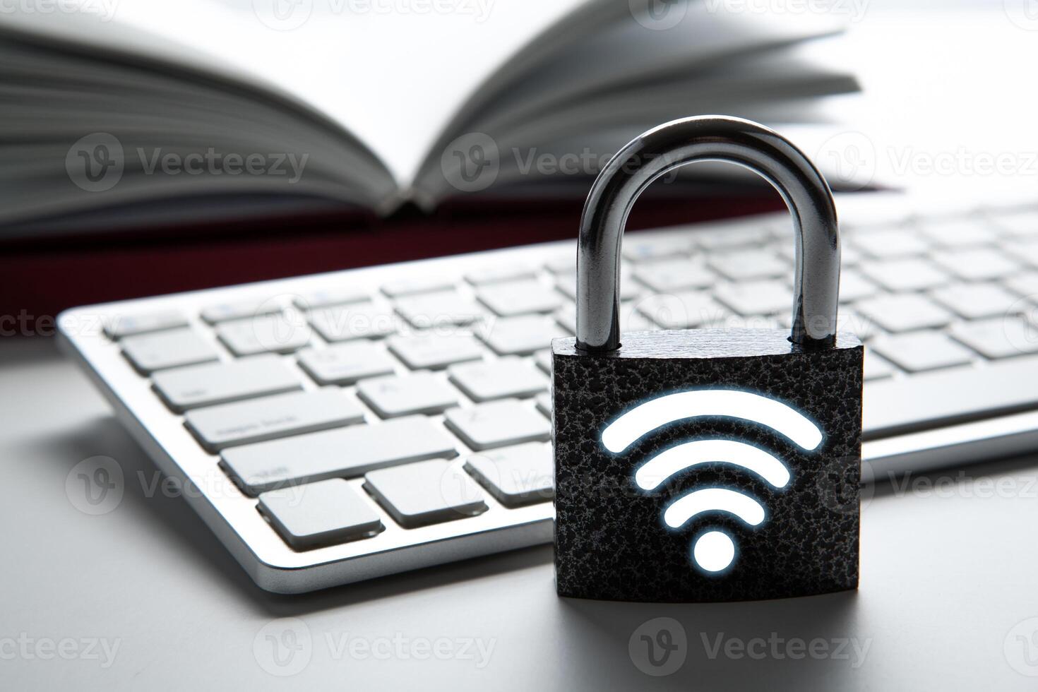 padlock with passwrod wi-fi with the computer keyboard on desktop Internet security photo