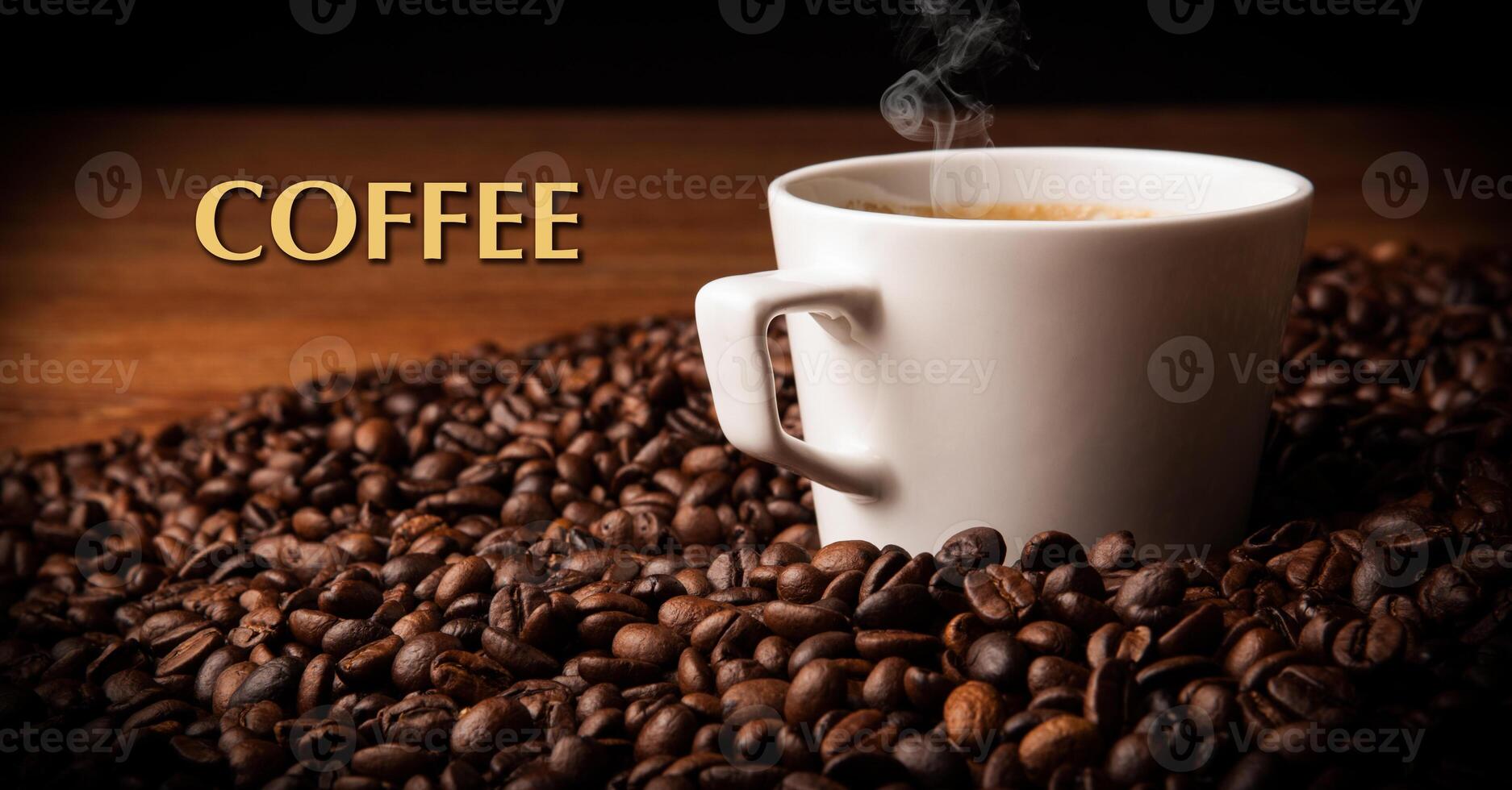 cup of black coffee with roasted coffe beans photo