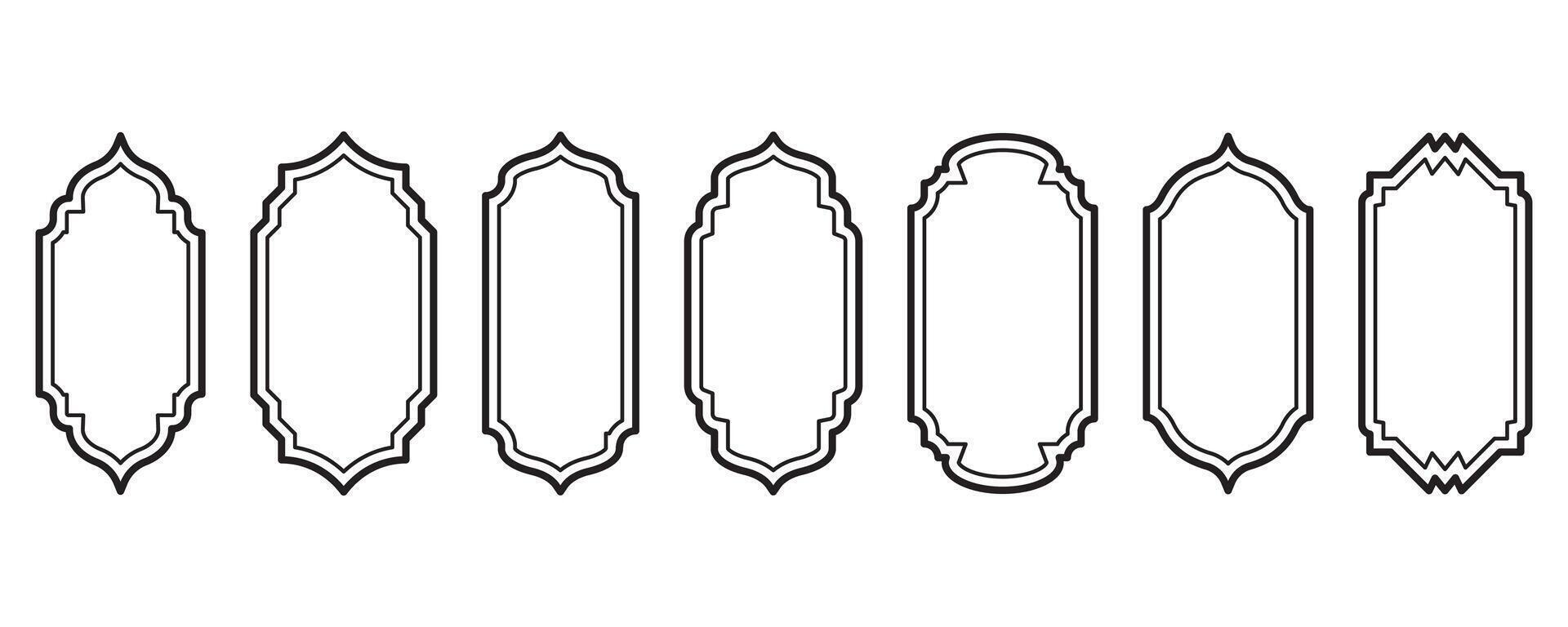 Ramadan frame shapes. Window Arabic arc outline elements. Door design with Turkish ornament. Muslim oriental sticker template. Traditional decoration set for banner and badge. vector