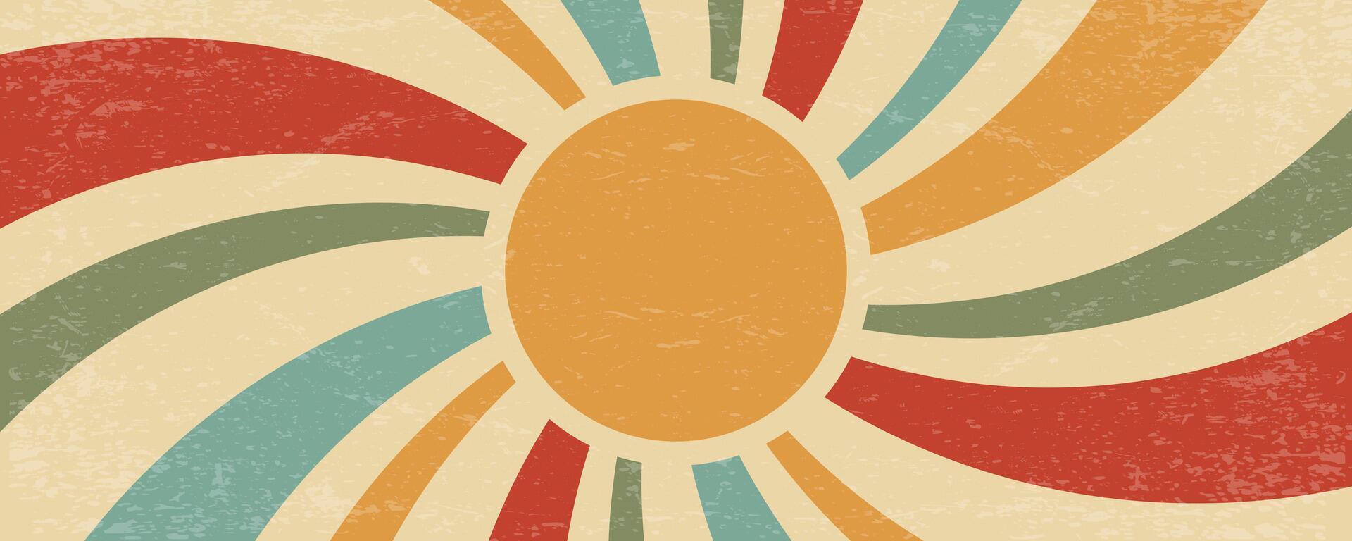 Retro sun background. Summer poster. Abstract vintage radial rays. 70s groovy design with grunge texture. Old style color wallpaper. Festive modern banner vector