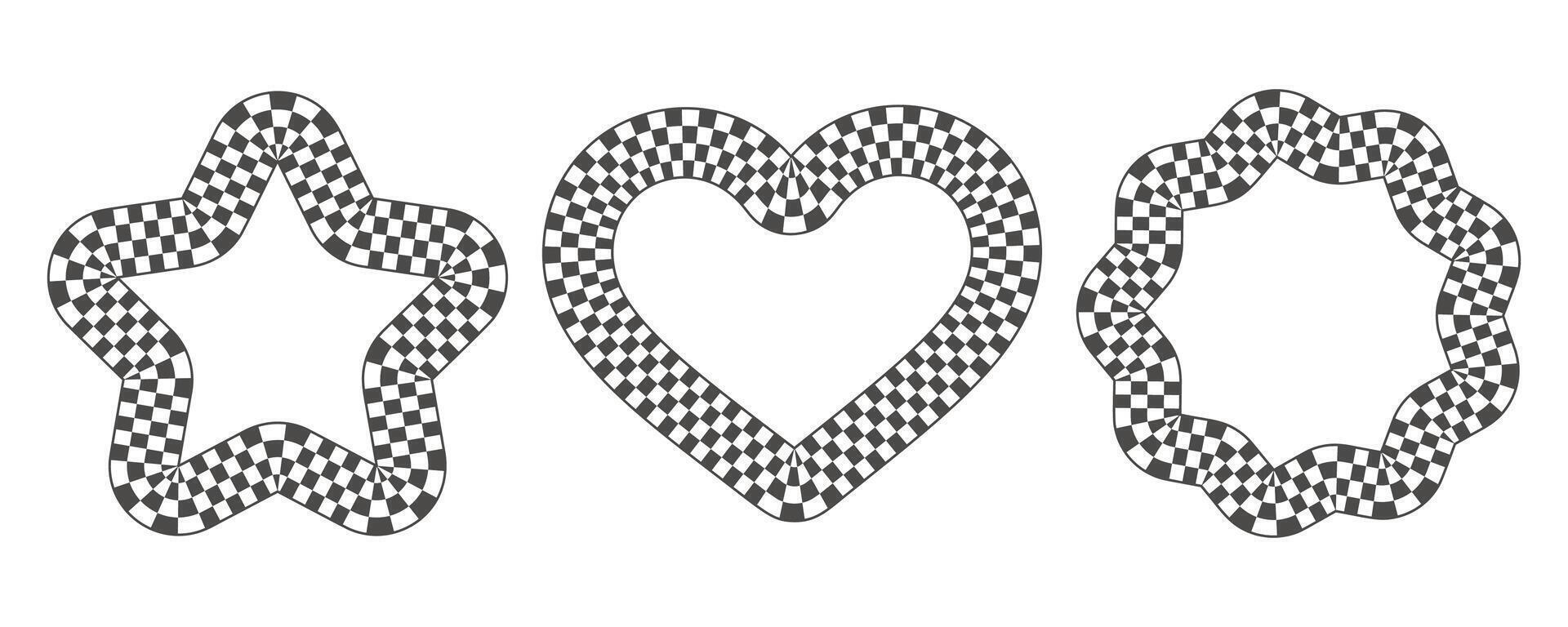 Checker border in star heart and flower shape. Circle frame with black and white chess squares. Y2k elements. Groovy set vector