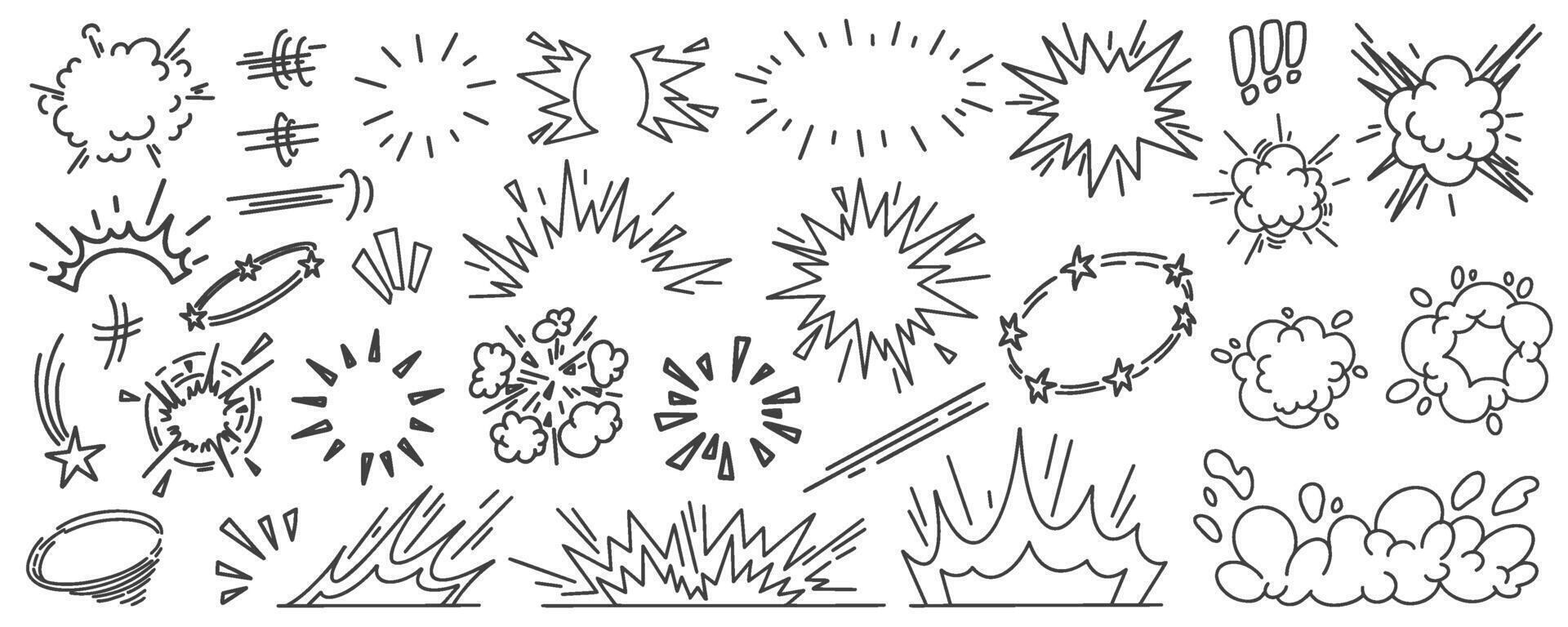 Comic boom effect. Cartoon bomb burst. Bang and pow splashes. Doodle smoke and speed energy lines. Action crash hand drawn graphic vector