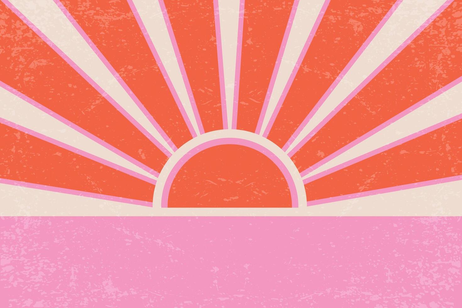 Retro sun background. Abstract summer poster with sunset rays. 70s groovy design with grunge texture. Orange geometric beams over the sea. Illustration of sea beach. vector