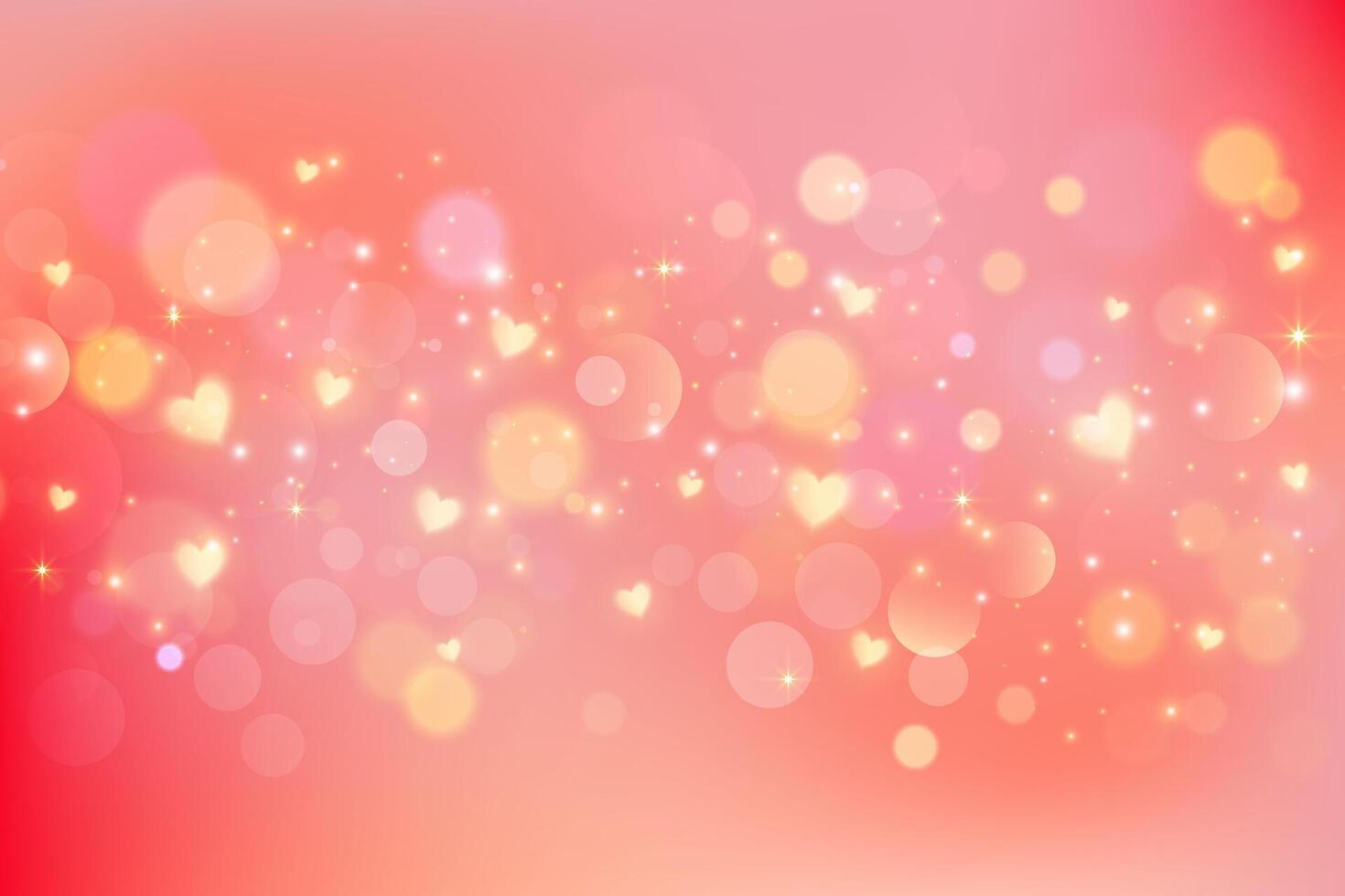Cute lovely background with hearts and bokeh. Pastel pink gradation bg with dreamy stars and glitter. Romantic backdrop for Valentine Day design. Red and orange soft gradient wallpaper. vector