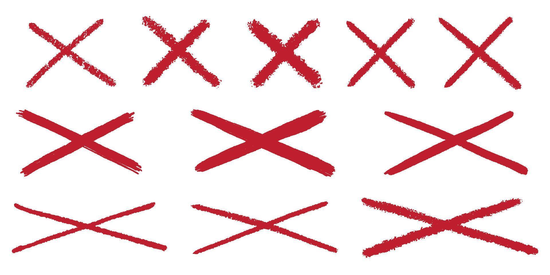 Red cross mark. Paint brushed crayon symbol of check. Hand drawn grunge sign of check, stamp of false and ban isolated on white background. Danger graffiti graphic logo vector