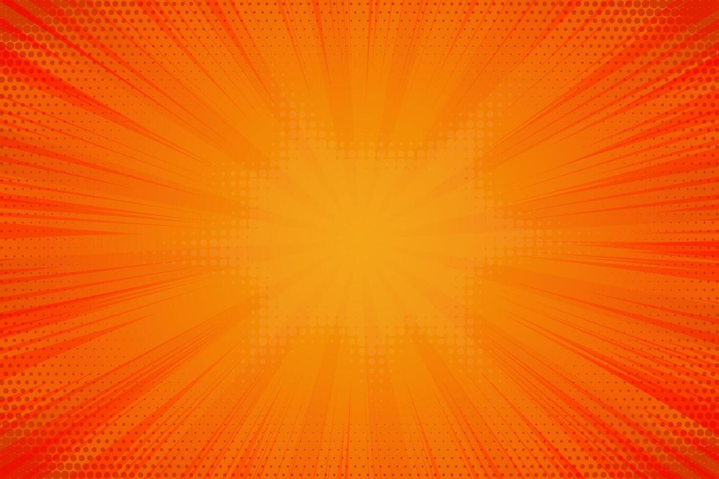 Comic yellow cartoon background. Orange pop art sunburst pattern. Vintage halftone effect wallpaper. Manga book textured explosion on shiny gradient vector