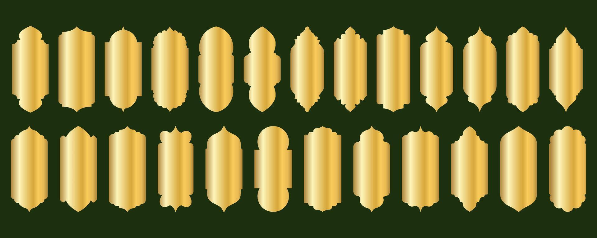 Golden Ramadan shapes set. Islamic Indian and Arabic frames. Window arch design. Oriental template decoration. Traditional eastern vintage backgrounds. vector