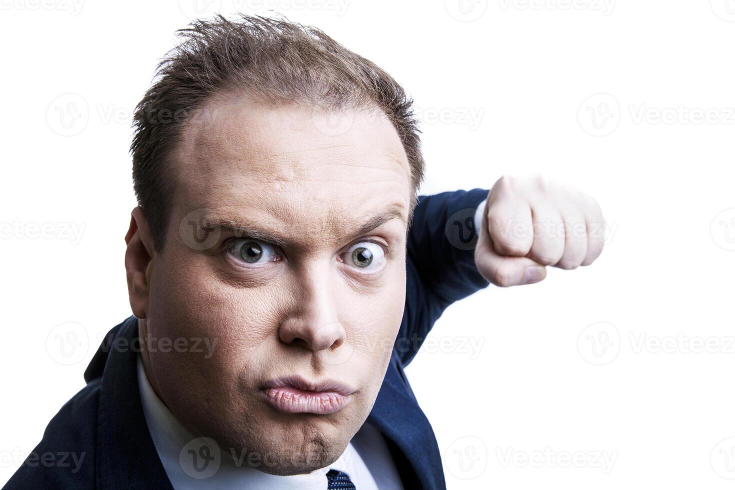 man in jacket threatening with fist isolated photo