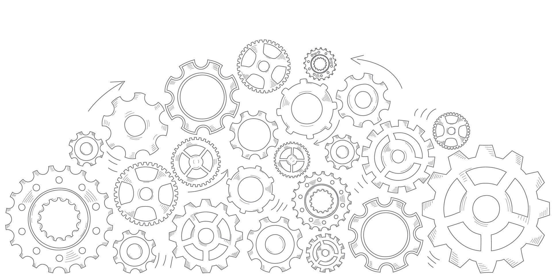 Hand drawn gear cogwheel arch. Doodle sketch style color gear mechanism. Concept of business idea, teamwork, progress background. Doodle cog vector