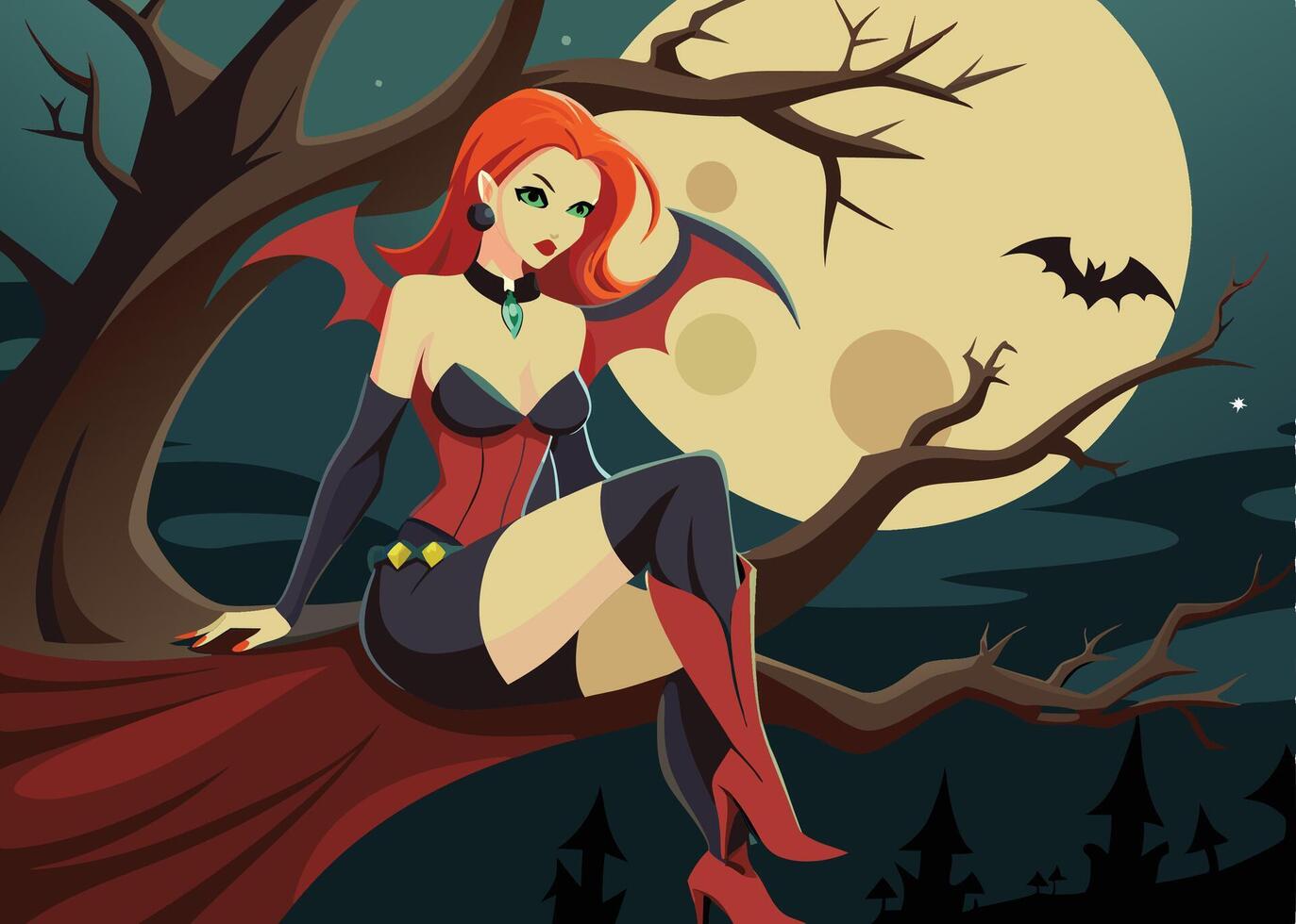 Mystical Moonlit Night Enigmatic Woman and Bats vector