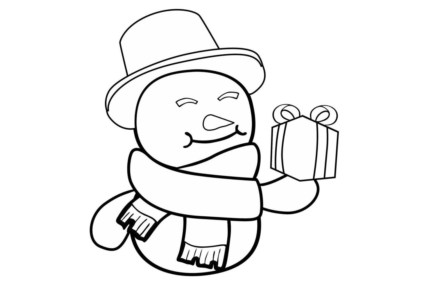 A Snowman Line Art Holding Give Box With Happy Smile Face vector