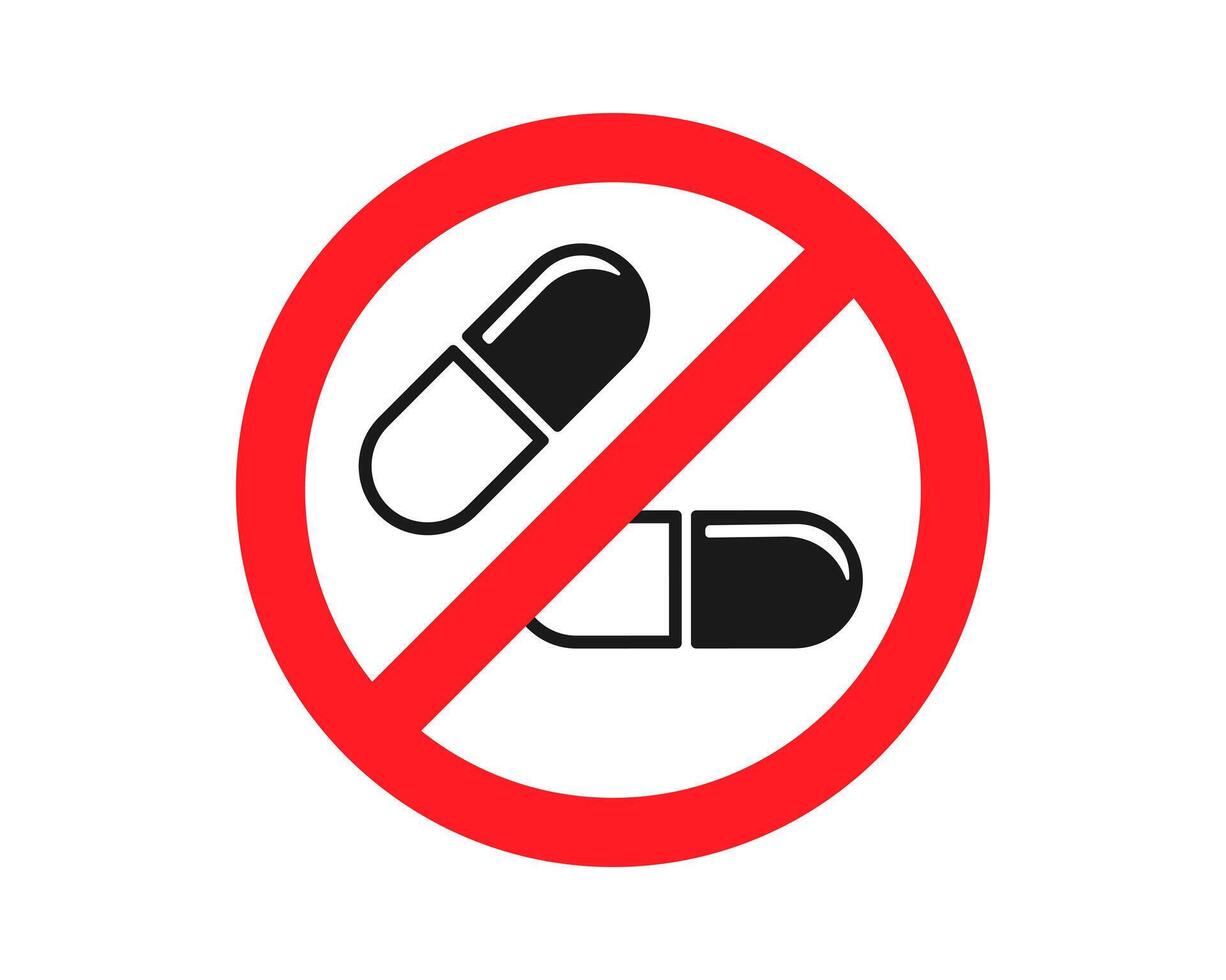 No drugs allowed. Pills medical icon shape. Medicine prohibited logo symbol sign. illustration image. Drug free zone. vector