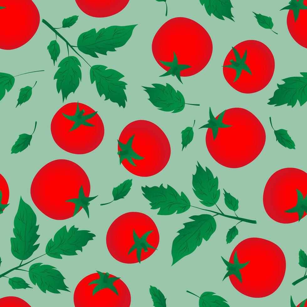 Seamless pattern with hand drawn red tomatoes on green background. Fresh organic vegetable, healthy food, nutricion concept. vector