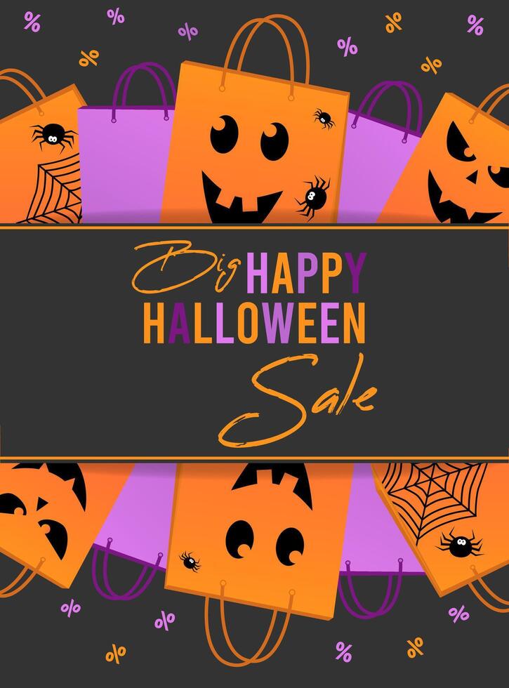 Happy Halloween sale banner, flyer on grey background with halloween bag, spiders, web. vector