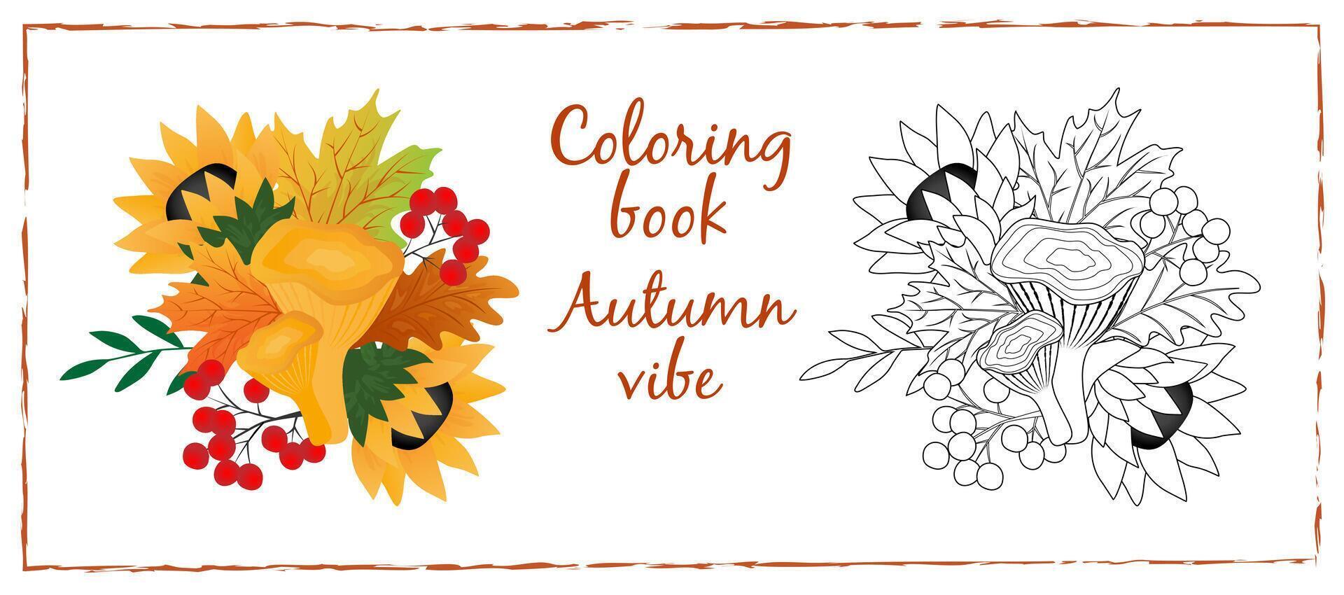Coloring page with autumn maple and chestnut leaves, acorns,oak leaves, rowan leaves, mushrooms chanterelle on white background. vector