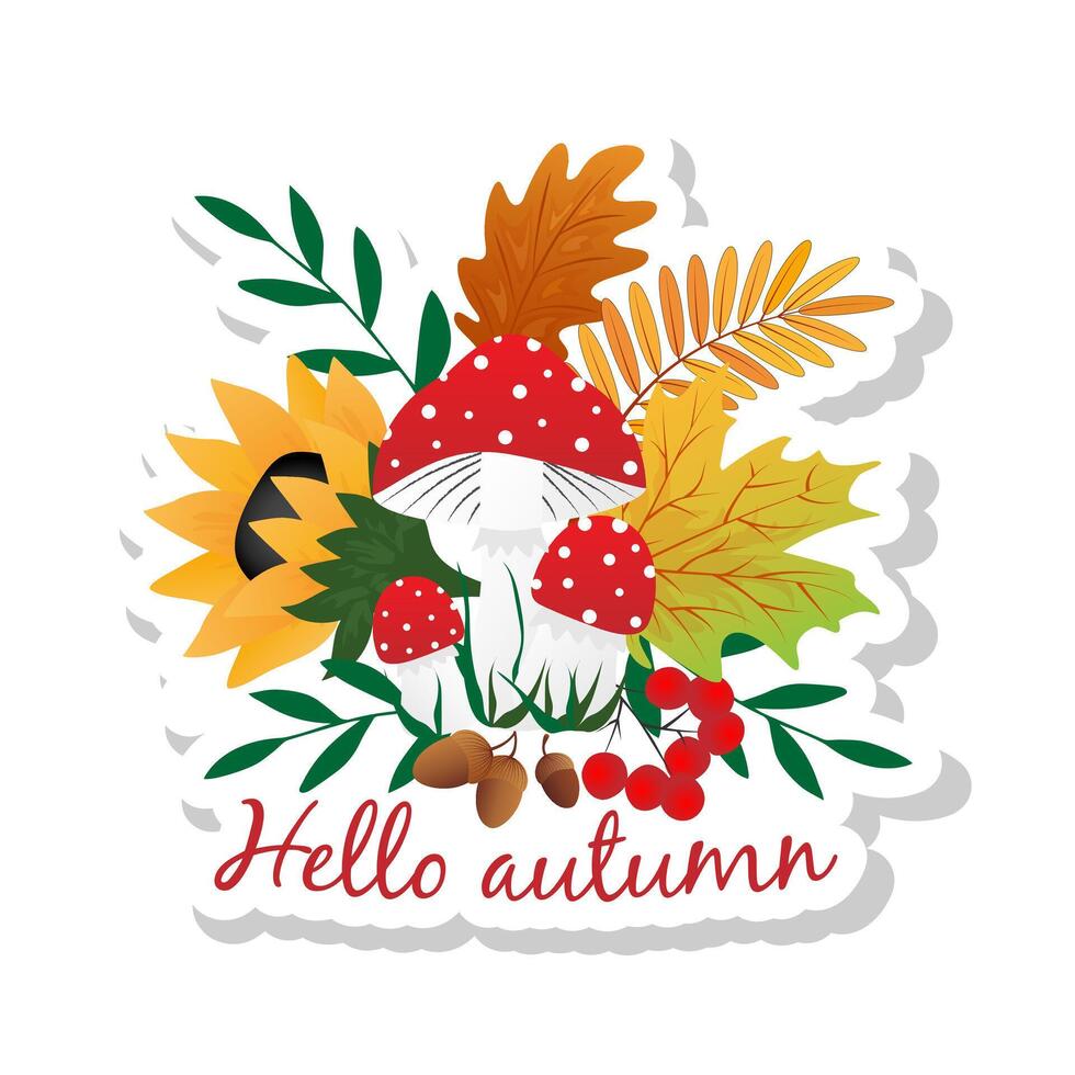 Sticker with fly agarics with spots, autumn maple and acorns,oak leaves, rowan leaves on white background. vector