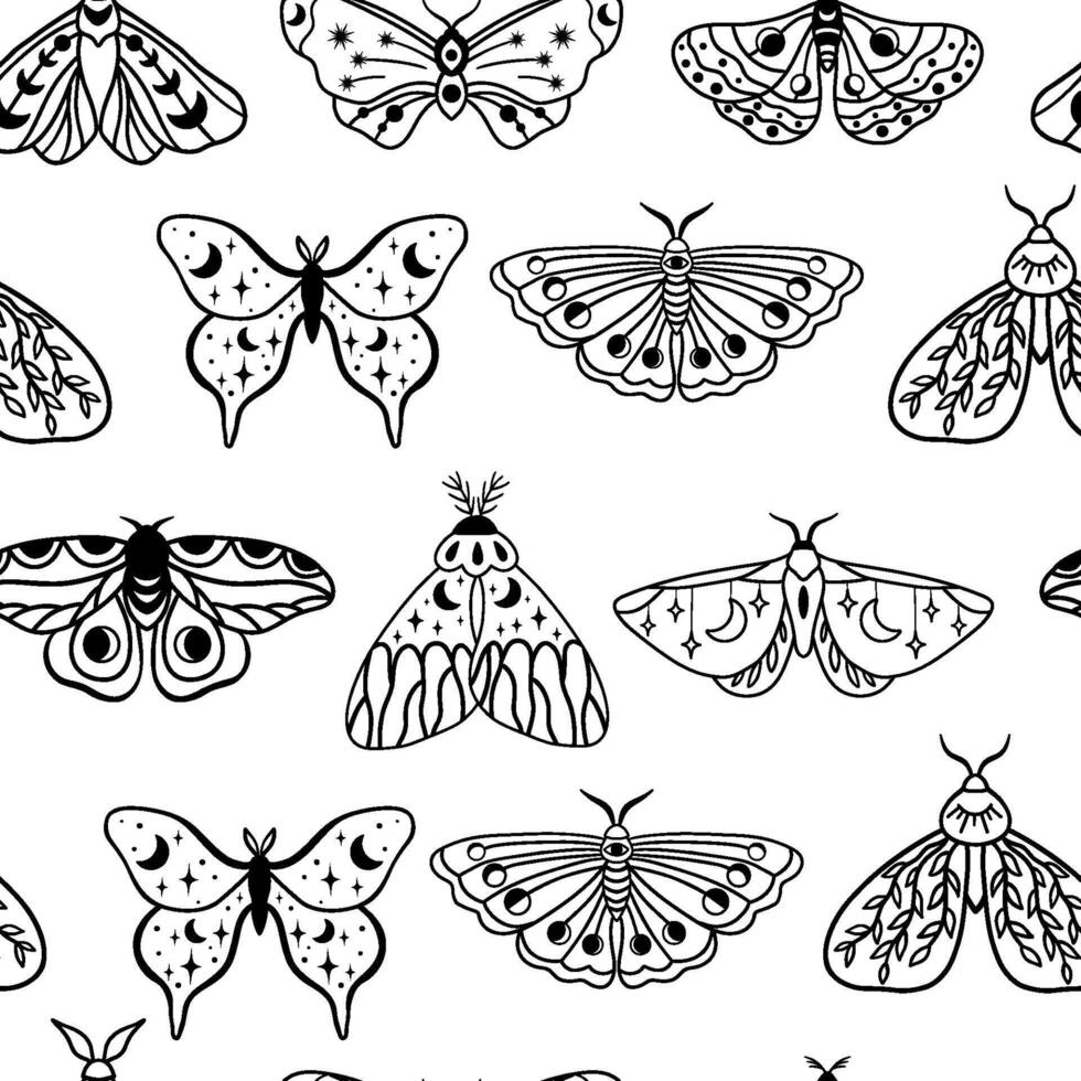 Seamless pattern with night moths with moon and crescent moon. Hand drawn black celestial doodle moth on white. vector