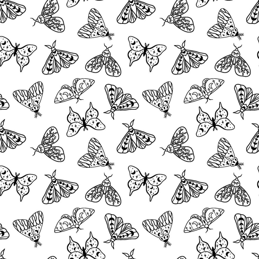 Seamless monochrome pattern with night moths with moon and crescent moon. Hand drawn black celestial doodle moth on white. vector