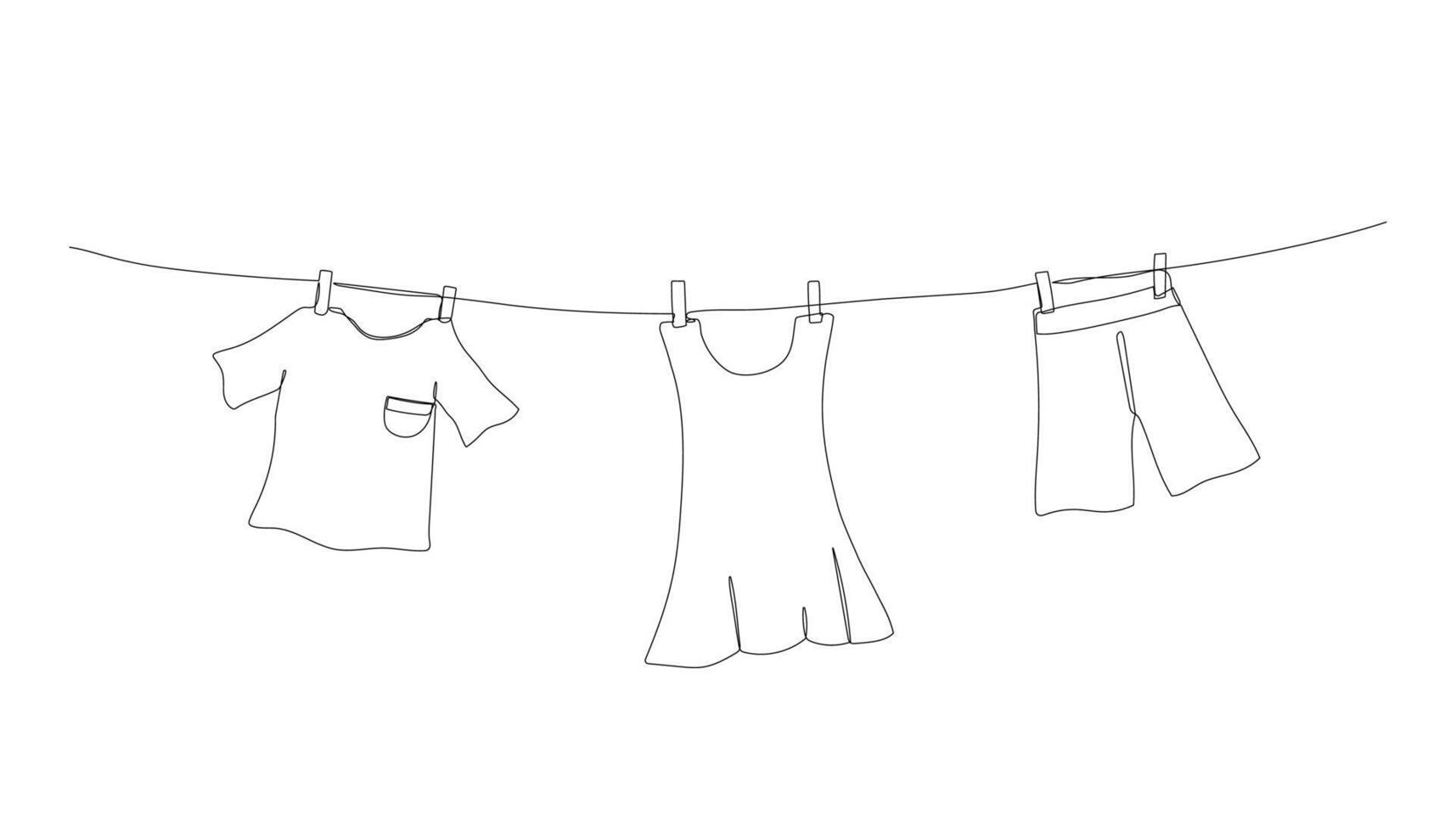 One line drawing of laundry hang on clothesline. vector