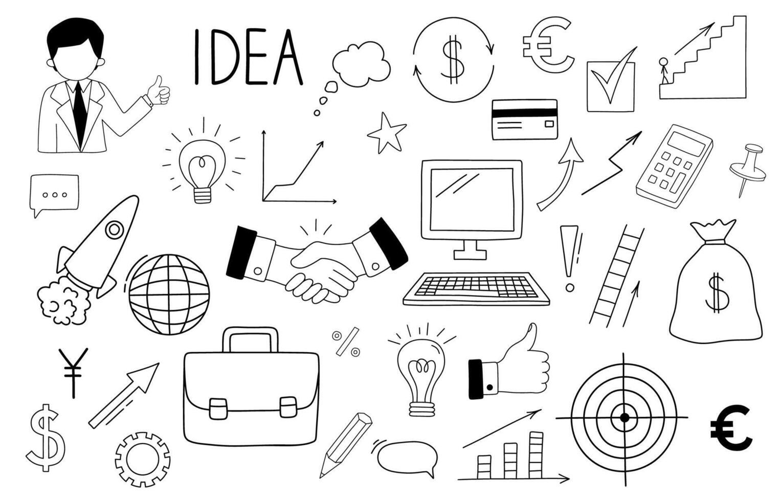 Business doodles set. Businessman shows like. Diagrams, up arrow, computer, target. Outline illustration vector