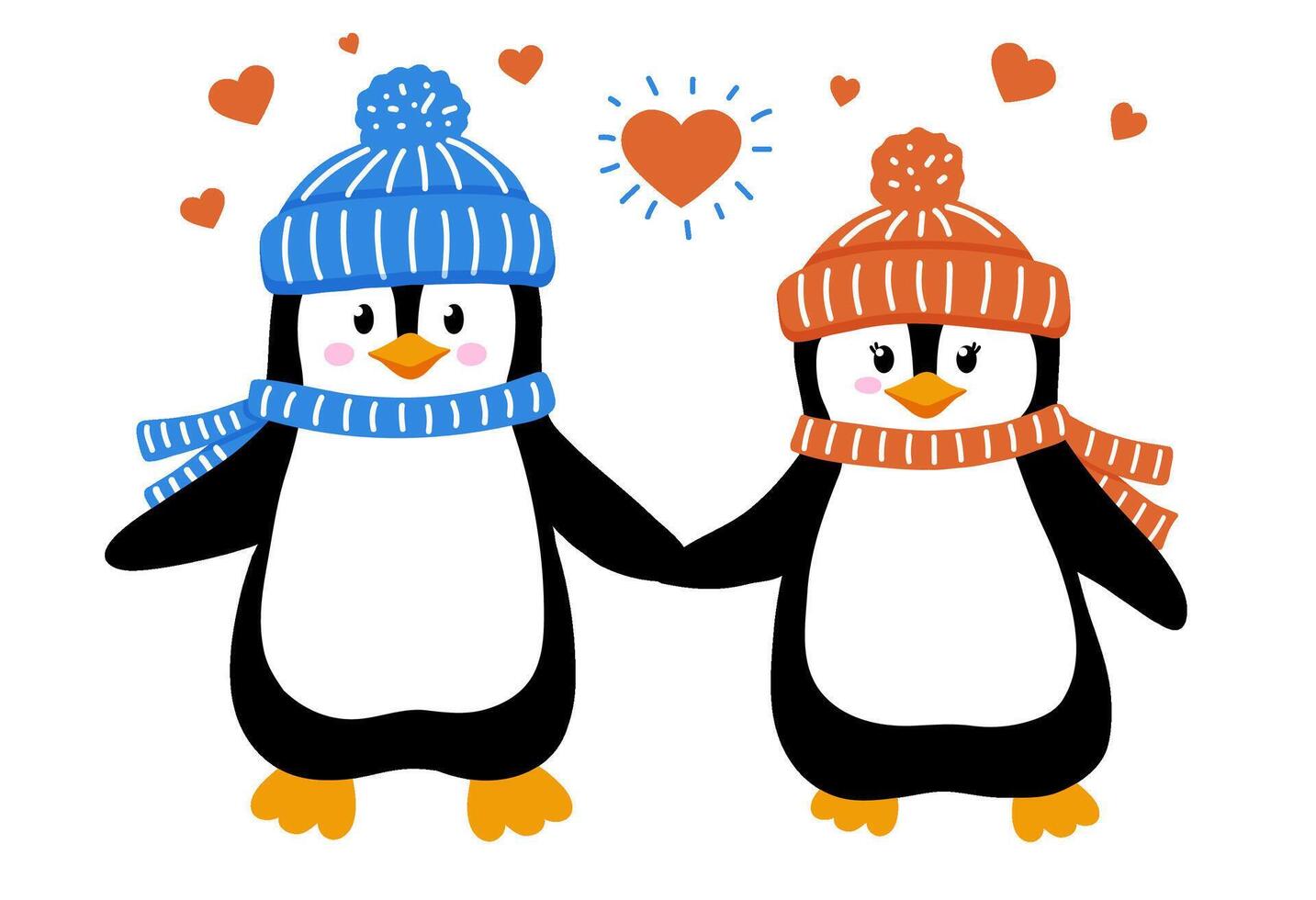 Couple of cute penguins in love with hearts. illustration in flat style. vector