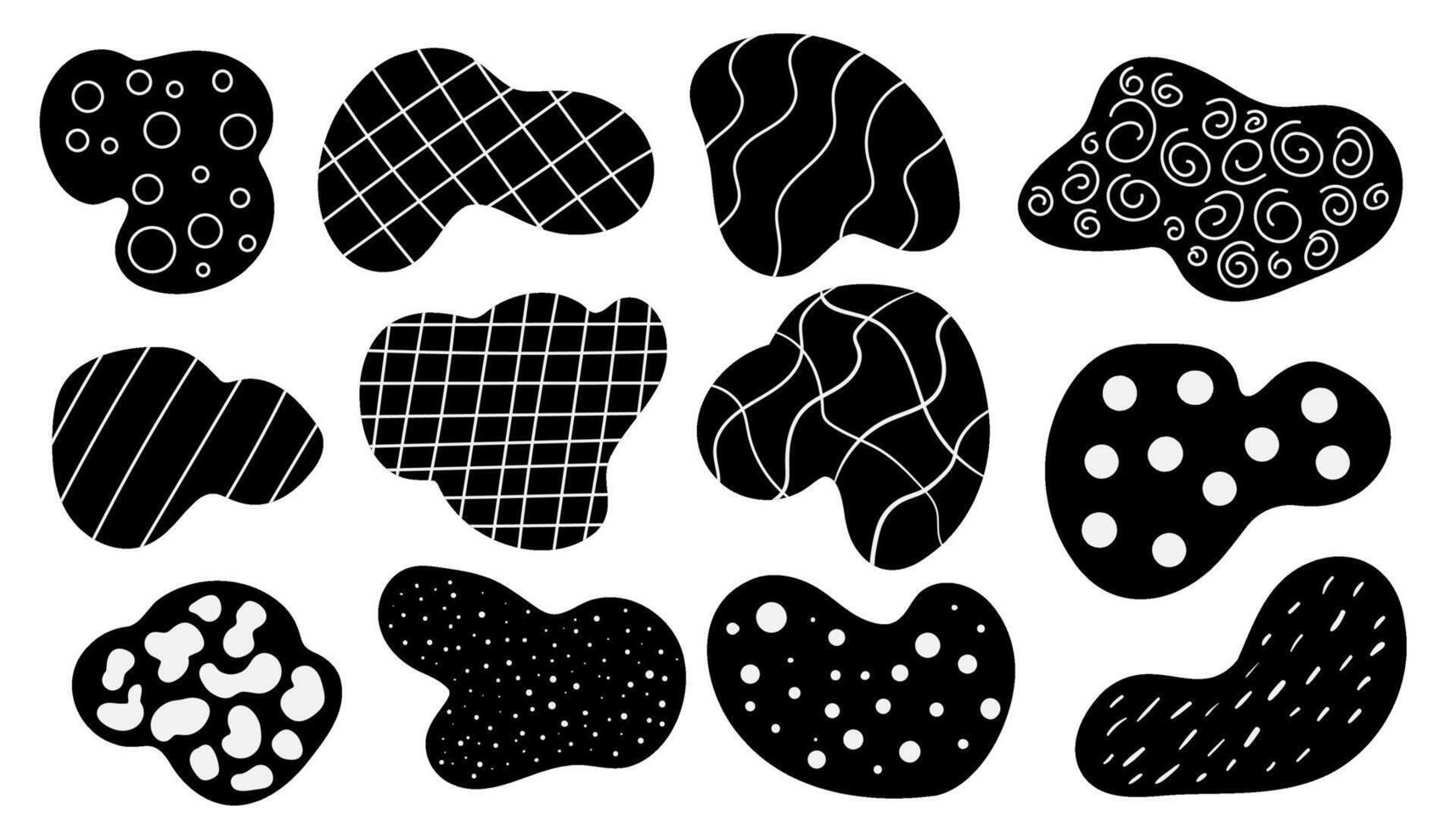 Irregular blob shape asymmetric elements with pattern. black and white illustration set. vector
