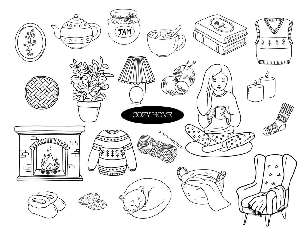 Cozy home doodle set. Line collection with home objects and sitting woman. Pack of home quarantine self-isolation icons. Cozy home stuff isolated on white vector