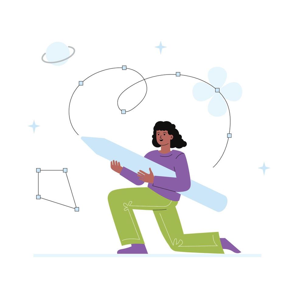 The girl holds a large pencil in her hands, the creator of illustrations, the designer. vector