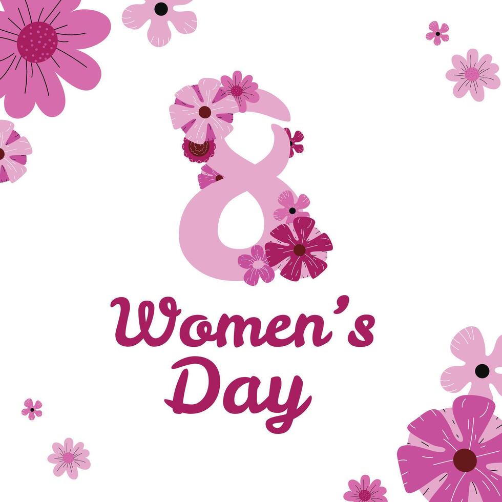 The design template for Womans Day. A large number 8 surrounded by flowers in pink shades. vector