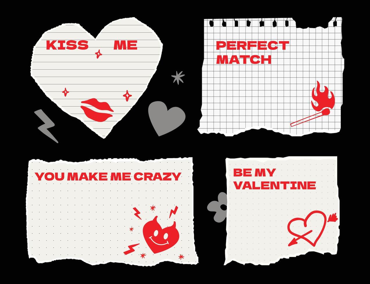 Templates of love notes on different pieces of ripped paper with hand-drawn hearts, kisses and a match with fire. vector