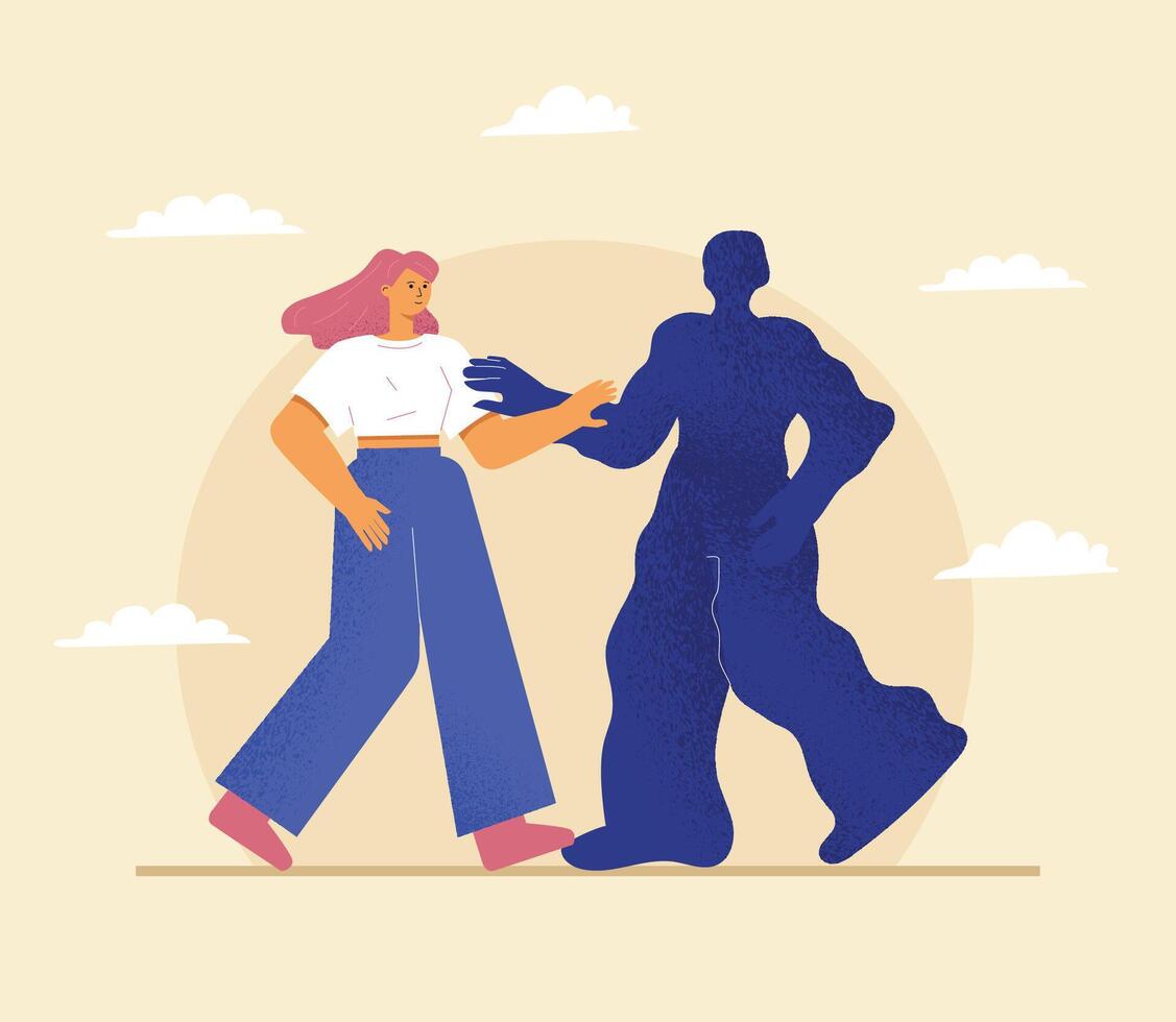 Meeting with the shadow, a metaphor for the Jungian theory of connection with the negated unconscious. vector