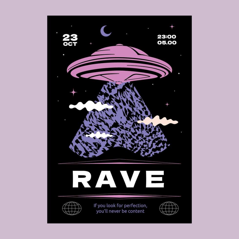 A y2k-style poster with a UFO and the inscription rave. A design template for a techno party. vector