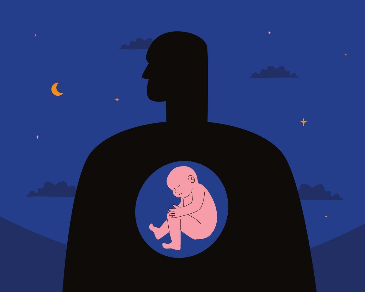 The silhouette of a person inside which there is a baby, a symbol of an inner child, an early psychological childhood trauma. vector