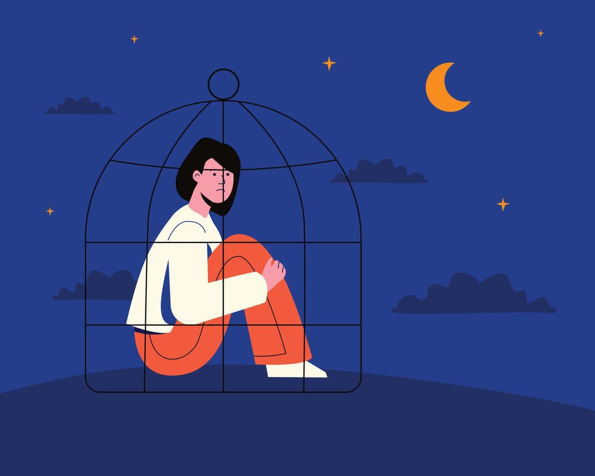 A sad, exhausted teenager in a cage surrounded by darkness. A metaphor for childhood depression, mental disorders, and ambiguity. vector